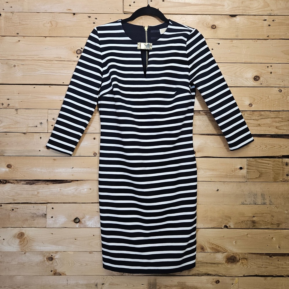 Michael Michael Kors Navy White Striped Sheath Dress Gold Logo Plate Small